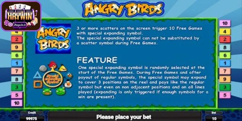 Tính năng xuất hiện trong vòng quay Angry birds slot haywin  